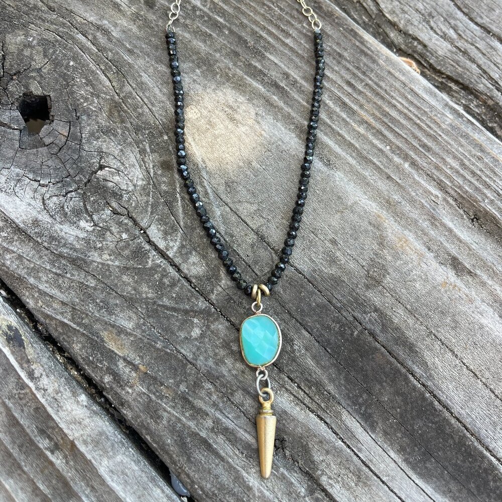 Black Bead Necklace w turquoise crystal + Arrow Ornament
